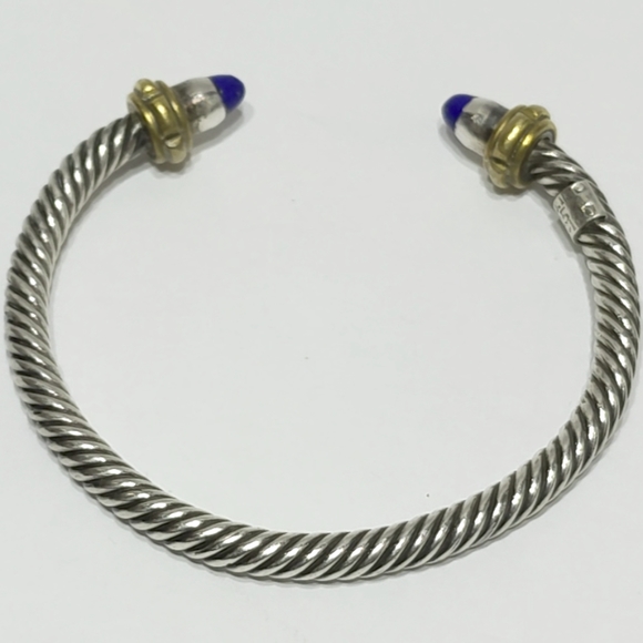 Vintage Mexico 925 Sterling Silver With Lapis Stone Rope Cuff Bracelet - Picture 5 of 13